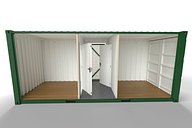 Interior view of a topper unit with two storage rooms and a walkway