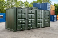 Multistore container unit with four cargo doors, painted green