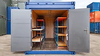 20ft Shipping Container Workshop with double personnel doors, racking and work bench