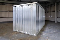 Flat Pack storage container front, door closed, galvanised steel finish