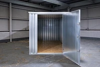 Flat Pack storage container front, door open, galvanised steel finish