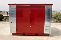 Flat Pack chemical store front, door closed, galvanised steel and red finish
