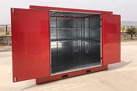 Flat Pack chemical store front, doors open, galvanised steel and red finish