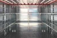 Flat Pack chemical store interior, galvanised steel and red finish