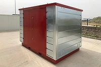 Flat Pack chemical store front corner, door closed, galvanised steel and red finish