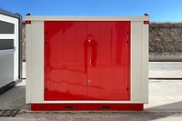 Flat Pack insulated chemical store front, door closed, off-white and red finish