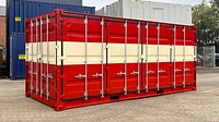 Side opening container painted in red and cream stripes