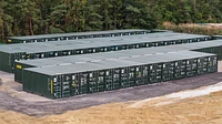 Aerial shot of self storage site with dozens of 20ft shipping containers
