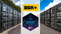 BOX+ logo and Winner: Supplier Collaboration Award shield on a background showing a self storage site