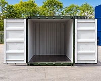 10ft new shipping container in green with the doors open