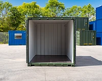 10ft new shipping container in green with the doors open